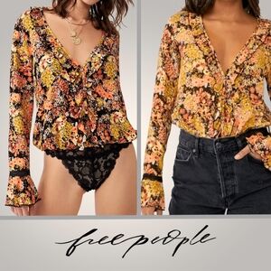 Free People Women's Heatwave Floral Bodysuit Boho Ruffle Bell Sleeve Size L